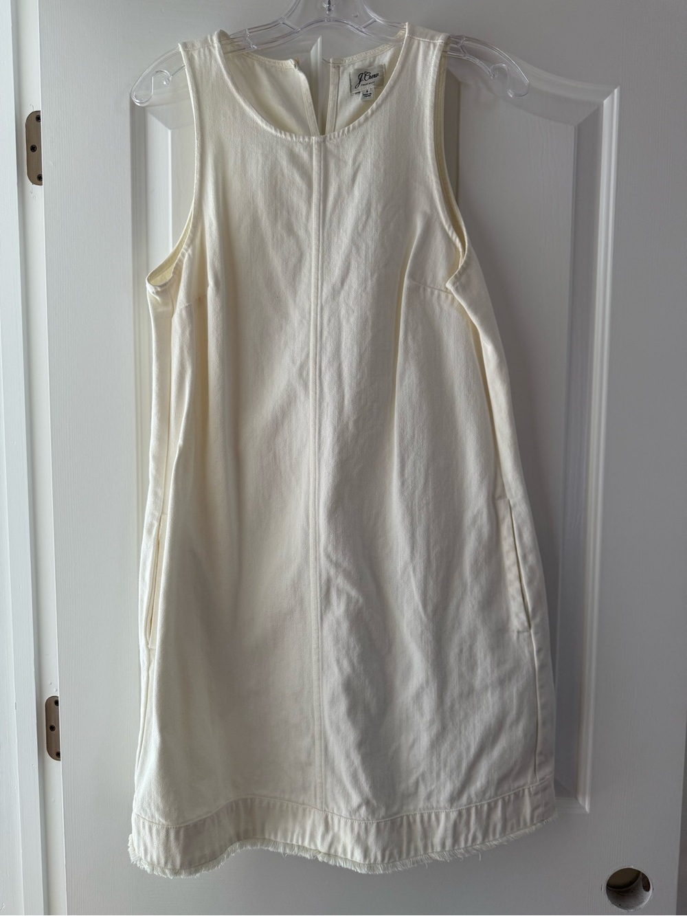 J.Crew White/Cream Denim Sleeveless Shift Dress with fringe bottom and pockets